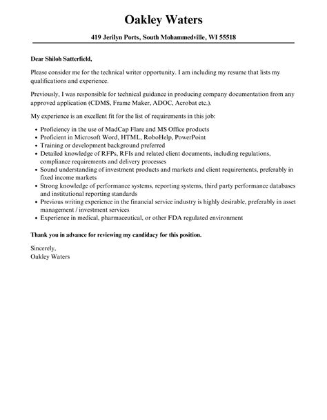 Technical Writer Cover Letter Velvet Jobs