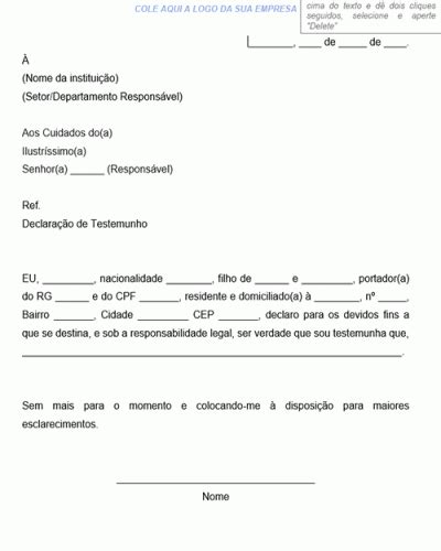 Referência para uma Declaração de Testemunho Modelo Gratuito