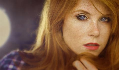 Redhead Freckles Vanessa Women Face Blue Eyes Depth Of Field Wallpaper