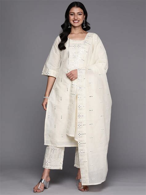 Buy Off White Embroidered Cotton Straight Kurta With Palazzos And Dupatta