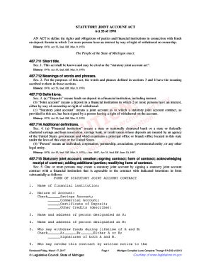 Fillable Online Legislature Mi STATUTORY JOINT ACCOUNT ACT Act 53 Of