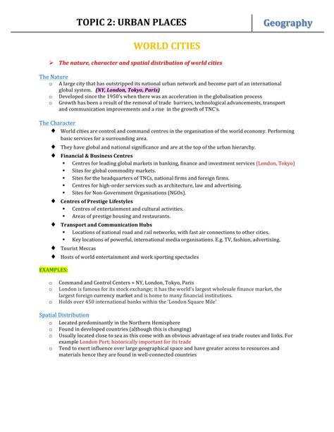 Urban Places Indepth Notes | Geography - Year 12 HSC | Thinkswap