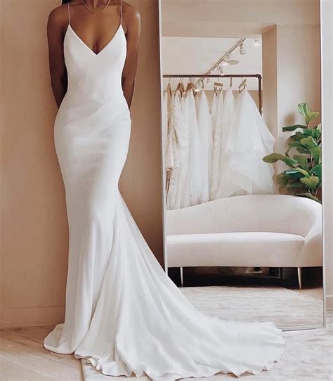 Cheap Mermaid Wedding Dress White Spaghetti Straps V Neck Satin Simple Long High Quality Custom