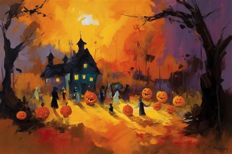 Premium AI Image | A painting of a halloween scene with pumpkins and a ...