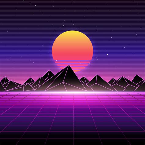 Retro Landscape Skyline With Neon Light Grid Sunset And Mountains Sci