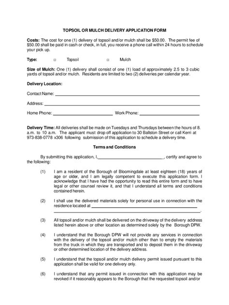 Fillable Online Application Form For Top Soil Or Mulch Delivery Fax