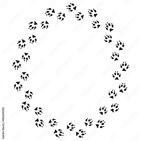 Round frame with black dog track isolated on white background. Animal footprint silhouette ...