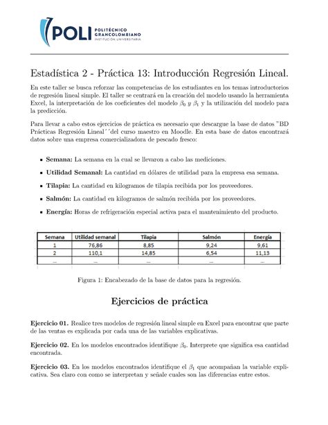 Taller 13 Introducción a regresión lineal Estad ıstica 2 Pr