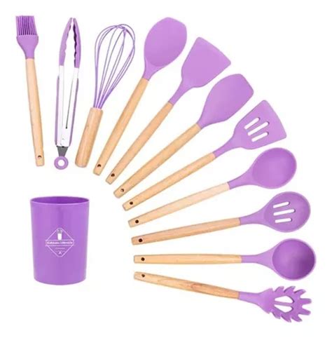 Kit C Utens Lios De Cozinha Silicone Cabo Madeira Cor Roxo