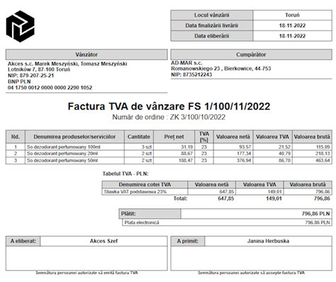 Akces Wzorzec wydruku Faktury Sprzedaży w Języku Rumuńskim Subiekt nexo