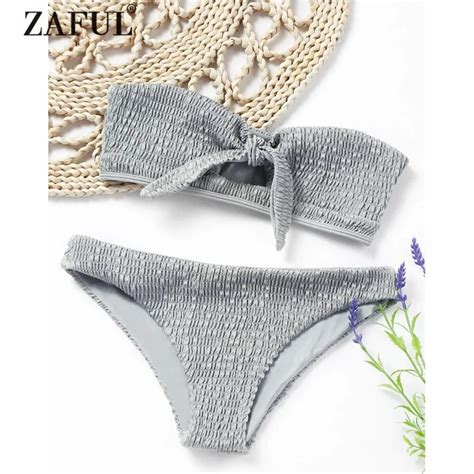 ZAFUL New Women Tube Bikini Smocked Knotted Bandeau Bikini Set Swimwear