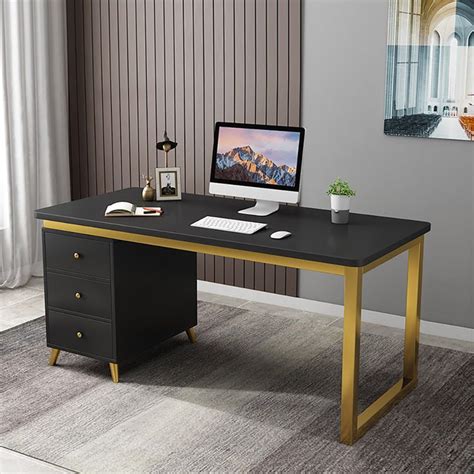 Modern 55" Black Wooden Home Office Writing Desk with Drawers in Gold ...