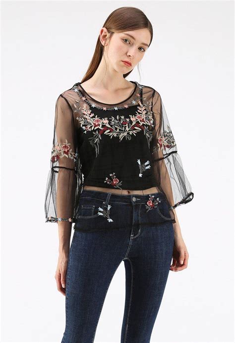 Lithe Floral Embroidered Mesh Top In Black New Arrivals Retro