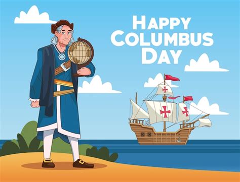 Premium Vector Columbus Day Celebration Scene Of Christopher Lifting