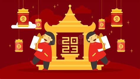 Chinese Nieuwjaarsbanner Konijnenaziatische Mensen Met Cadeaudoos