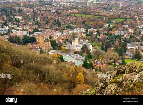 An autumn view of Great Malvern from the Malvern Hills across granite ...