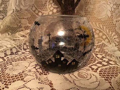 Haunted House Graveyard Candle Holder Crackled Glass Large Etsy