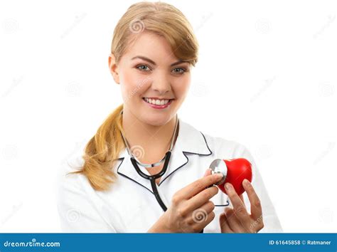 Woman Doctor With Stethoscope Examining Red Heart, Healthcare Concept ...