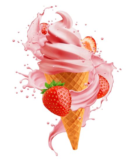 Isolated Soft Strawberry Ice Cream Cone With Swirl Splash On White