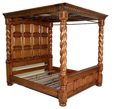 Solid Oak Aico Michael Amini Barley Twist King Size Canopy Poster Bed Traditional Canopy