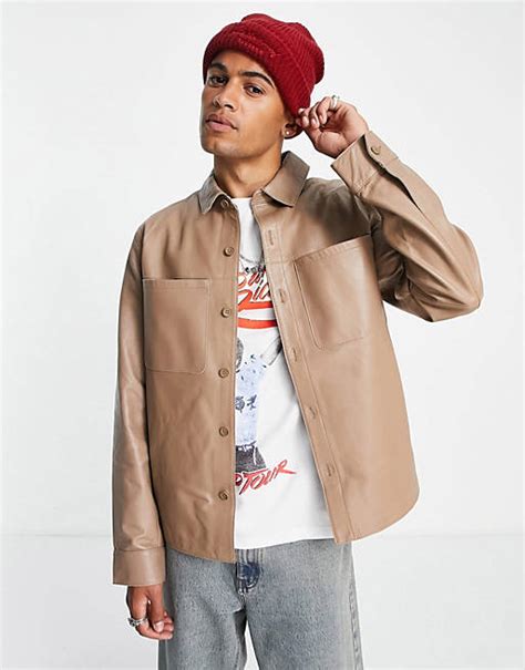 Asos Design Oversized Real Leather Shacket In Beige Asos