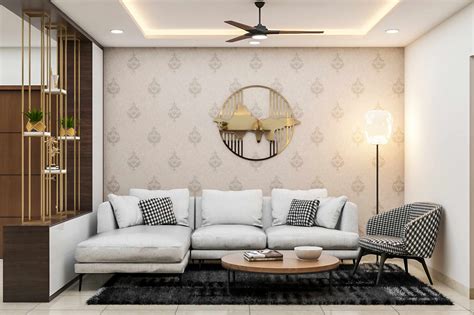 Spacious Living Room Design With A Floor Lamp And Patterned Wallpaper