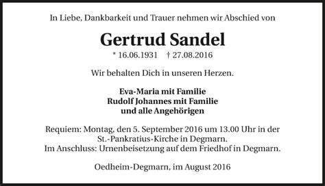 Traueranzeigen Von Gertrud Sandel Trauerundgedenken De