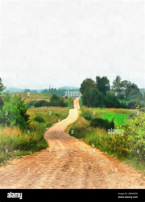 Beautiful Rural Landscape With Dirt Road Colorful Painting Looks Like