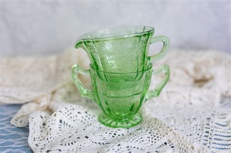 Vintage Green Depression Glass Set Creamer And Sugar Bowl Footed 1930s Cream And Sugar Cameo