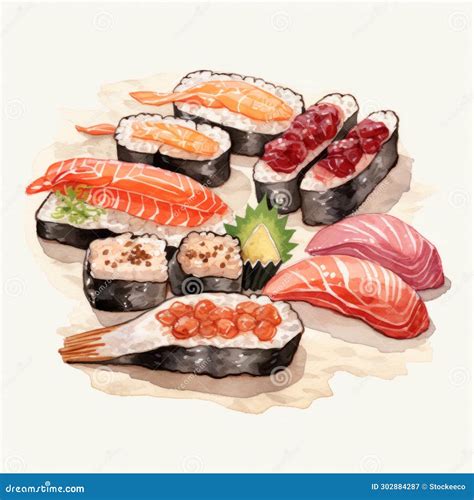 Realistic Watercolor Paintings Of Colorful Sushi With Detailed