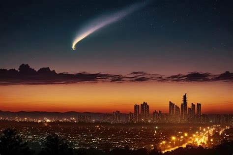 Por Que Sua Cauda É Mais Brilhante Próxima Ao Sol - Cometa com uma cauda brilhante sobre a cidade após o pôr do sol ...