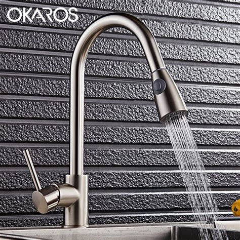 OKAROS Kitchen Sink Faucet Pull Out Down Nickel Finish Double Sprayer