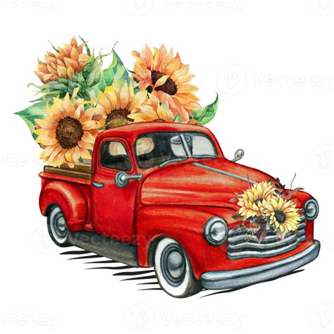 Vintage Red Truck With Sunflowers Png Sublimation Design Downloadswatercolor Sunflower Country