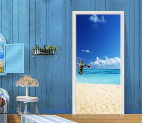 3d Sea Beach Blue Sky Door Mural Aj Wallpaper