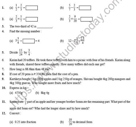 Class 7 Maths Fractions And Decimals Worksheet Math Fractions