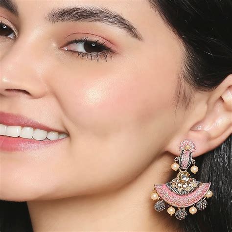 Buy Oomph Pink Meenakari Kundan Pearls Floral Drop Earrings Online