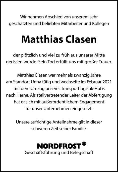 Traueranzeigen Von Matthias Clasen Sich Erinnern De