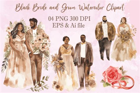 Black Bride and Groom Watercolor Clipart Graphic by Digital Xpress ...