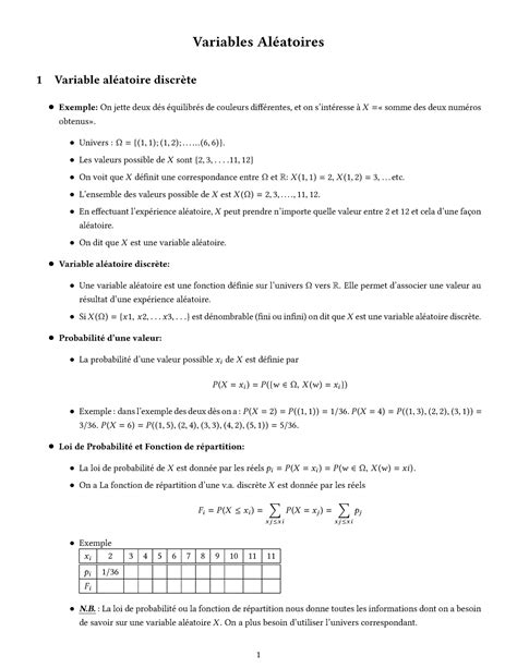 Cour probabilité Variables Aléatoires 1 Variable aléatoire discrète