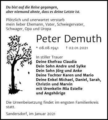 Traueranzeigen Von Peter Demuth Abschied Nehmen De