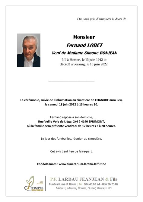 Décès De Monsieur Fernand Lobet 15 06 22 Annonce Nécrologique