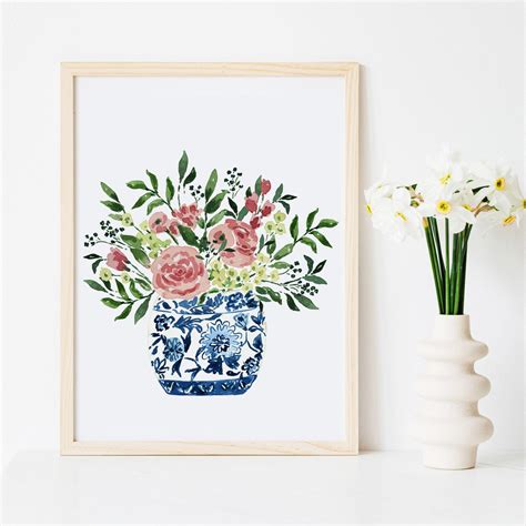 Watercolor Floral Flowers Bouquet Blue White Vase Art Print Etsy