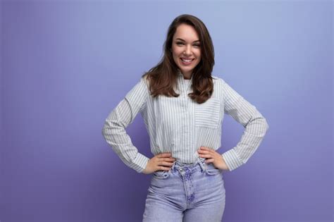 Premium Photo Year Old Brunette Woman In Shirt And Jeans