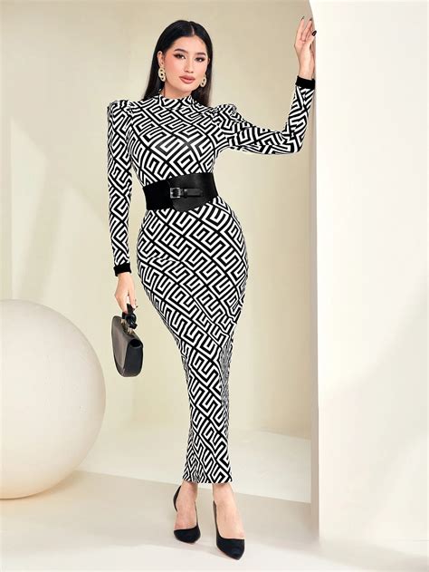 Shein Modely Geo Print Puff Sleeve Bodycon Dress With Belt Shein Uk