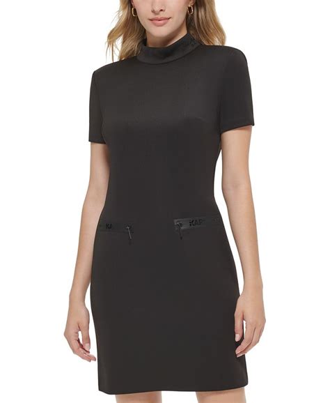 Karl Lagerfeld Paris Womens Solid Zip Pocket Mock Neck Dress Macys