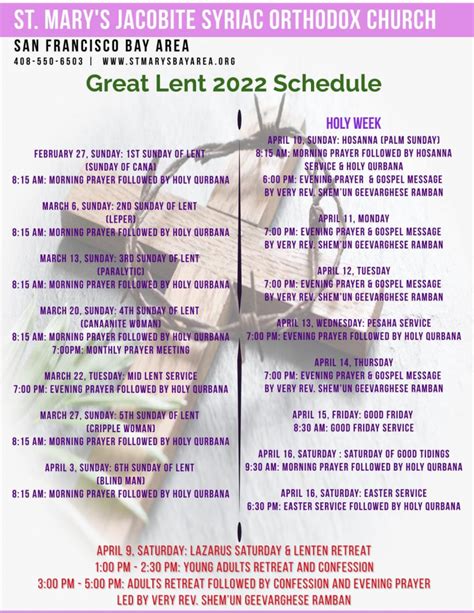 Lent Calendar 2022 St Marys Jacobite Syriac Orthodox Church San