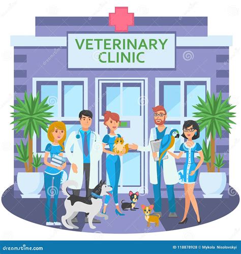 Cartoon Group Of Joyful Veterinarians With Pets Stock Vector