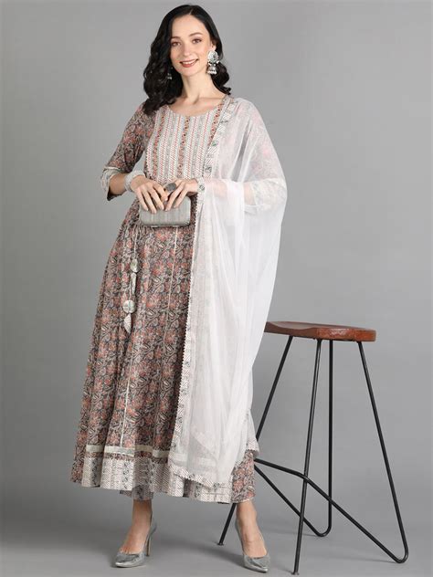 Buy KALINI Floral Printed Thread Work Pure Cotton A Line Kurta