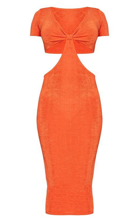 Orange Textured Knot Cut Out Midaxi Dress Prettylittlething