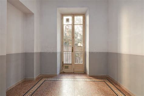 Empty Room Interior With Tiled Floor And Window With Balcony Stock